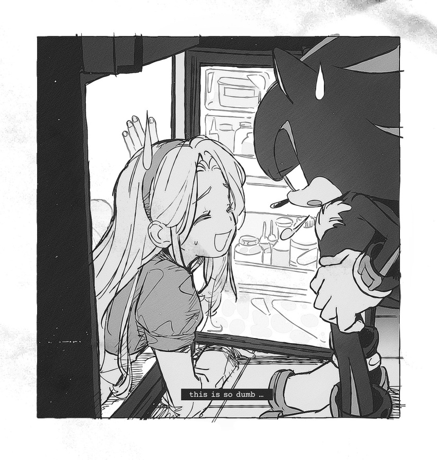 1boy, 1girl, bac0n_pancakes, black_fur, closed_eyes, dress, furry, furry_male, greyscale, highres, inside_refrigerator, maria_robotnik, monochrome, refrigerator, shadow_the_hedgehog, sonic_(series), sweatdrop