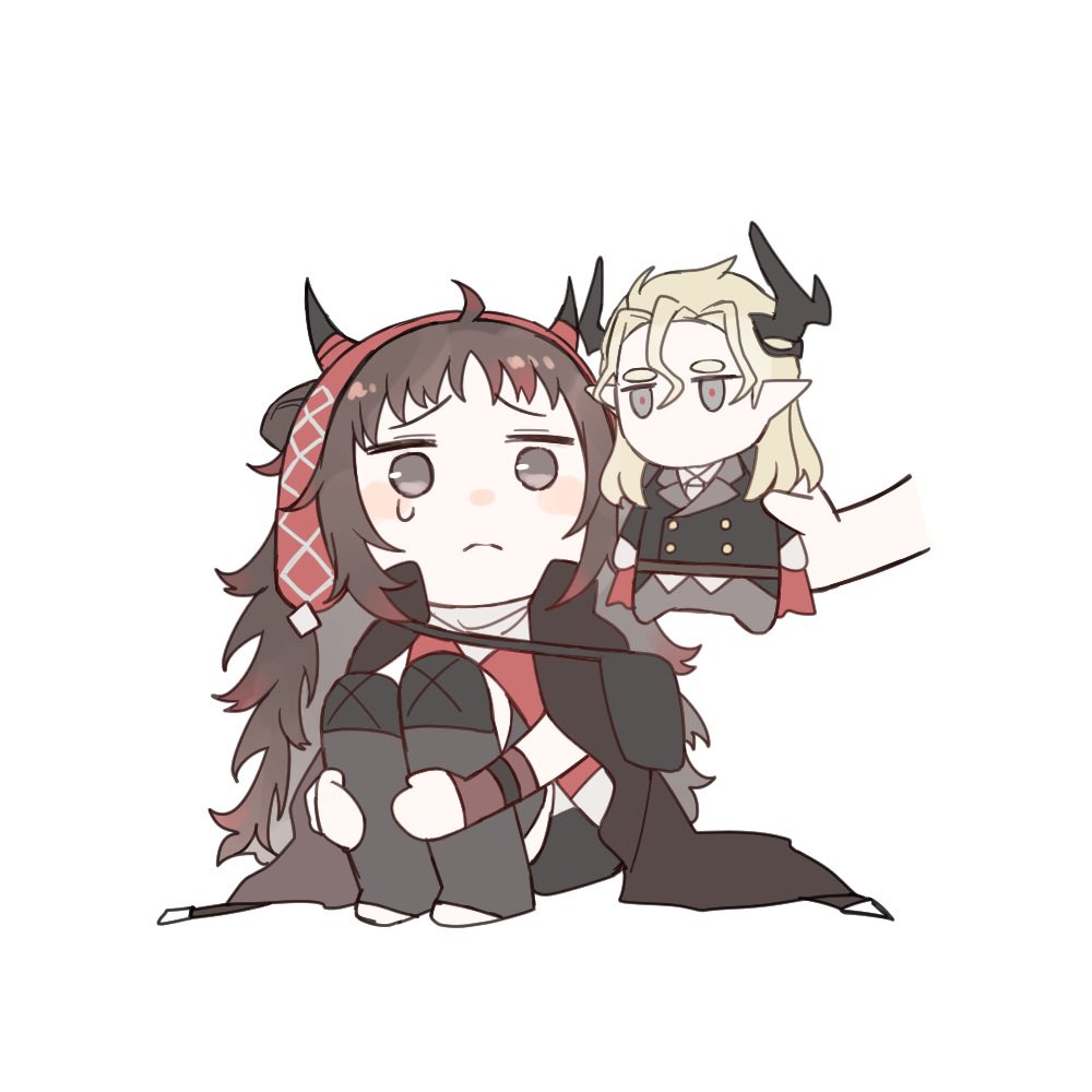 1girl, 1other, ^^^, arknights, black_dress, blonde_hair, blush_stickers, boots