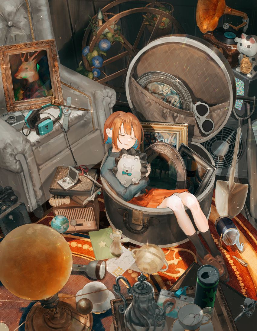 1boy, 1girl, animal, aqua_bow, black_socks, black_sweater, blonde_hair, blue_hair