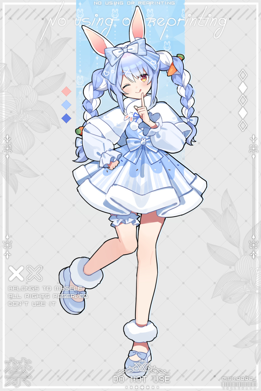 1girl, ;p, absurdres, alternate_costume, animal_ears, blue_bow, blue_footwear, blue_hair