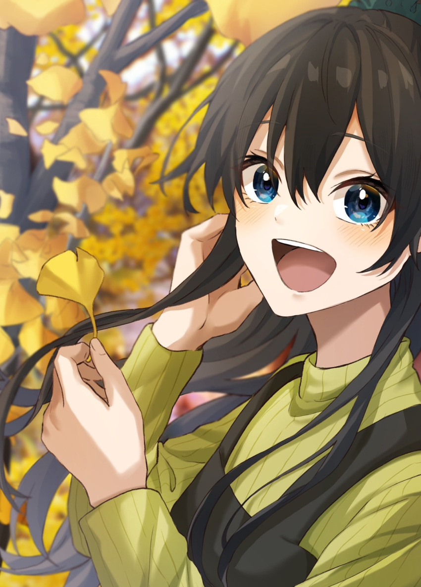 1girl, :d, autumn, autumn_leaves, black_hair, blue_eyes, blurry, blurry_background