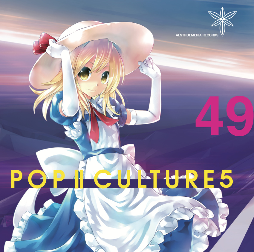 1girl, album_cover, alstroemeria_records, apron, back_bow, blonde_hair, blue_dress, bow, brown_hat, closed_mouth, cover, dress, elbow_gloves, gloves, hands_on_headwear, hands_up, hat, hat_ribbon, highres, kana_anaberal, kei_(keigarou), medium_hair, neck_ribbon, puffy_short_sleeves, puffy_sleeves, red_ribbon, ribbon, short_sleeves, smile, solo, touhou, touhou_(pc-98), white_apron, white_bow, white_gloves, yellow_eyes