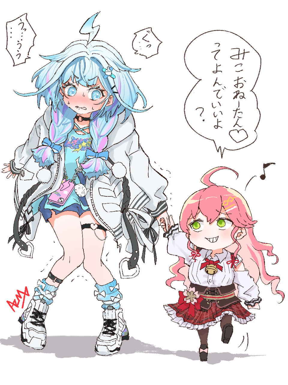 2girls, ahoge, animal_hood, azuma_(azmdraw), black_choker, blue_eyes, blue_shirt, blue_shorts