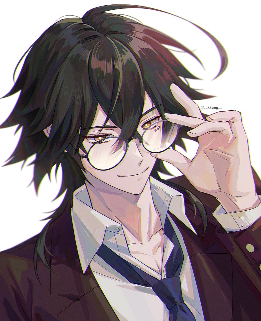 1boy, adjusting_eyewear, ahoge, bespectacled, bishounen, black_hair, brown_eyes, bungou_stray_dogs