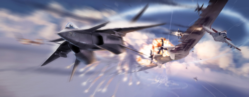 ace_combat, ace_combat_7, aerial_battle, aircraft, airplane, arsenal_bird, battle, blurry