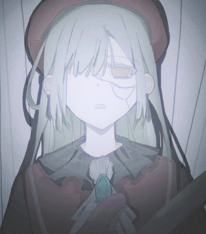 1girl, ascot, bang_dream!, bang_dream!_it's_mygo!!!!!, beret, chara_tomato52, commentary, cracked_skin, electric_guitar, empty_eyes, green_brooch, green_hair, guitar, hair_over_one_eye, hashtag-only_commentary, hat, highres, instrument, long_hair, mortis_(bang_dream!), muted_color, open_mouth, red_hat, solo, upper_body, wakaba_mutsumi, white_ascot, yellow_eyes