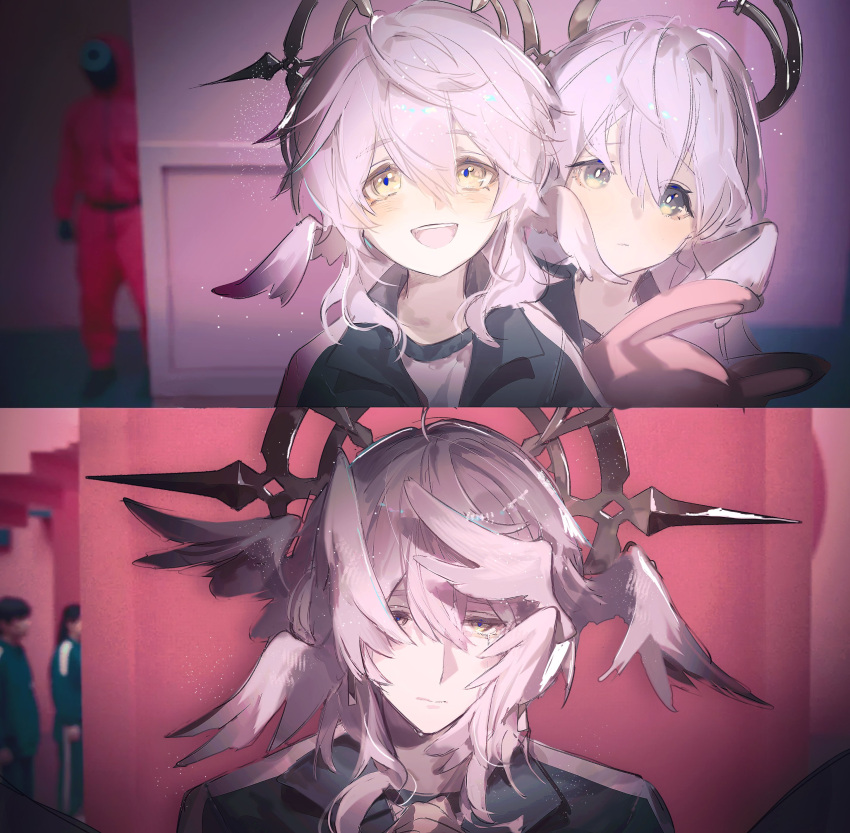 1boy, 1girl, absurdres, aged_down, alternate_costume, before_and_after, blue_pupils, bright_pupils, brother_and_sister, closed_mouth, crying, crying_with_eyes_open, english_commentary, feathered_wings, green_eyes, green_jacket, grey_hair, hair_between_eyes, halo, halo_behind_head, head_wings, highres, honkai:_star_rail, honkai_(series), jacket, long_hair, looking_at_viewer, medium_hair, meme, multiple_wings, open_mouth, people, photo_background, purple_hair, rente_gu, robin_(honkai:_star_rail), shirt, siblings, single_tear, smile, spiked_halo, squid_game, sunday_(honkai:_star_rail), tears, teeth, upper_teeth_only, white_pupils, white_shirt, white_wings, wings, worker_(squid_game), year_1_&amp;_year_2_(squid_game)_(meme), yellow_eyes