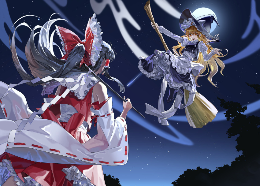 2girls, absurdres, apron, black_hair, black_skirt, black_vest, blonde_hair, bow, braid, broom, broom_riding, commentary, detached_sleeves, frilled_bow, frilled_hair_tubes, frilled_skirt, frills, from_behind, full_moon, gohei, hair_bow, hair_tubes, hakurei_reimu, hat, hat_bow, highres, holding, holding_gohei, kirisame_marisa, long_hair, long_sleeves, maka_(maka04021), moon, multiple_girls, night, night_sky, open_mouth, outdoors, red_bow, red_skirt, ribbon-trimmed_sleeves, ribbon_trim, side_braid, single_braid, skirt, sky, smile, star_(sky), touhou, very_long_hair, vest, waist_apron, white_bow, witch_hat, yellow_eyes