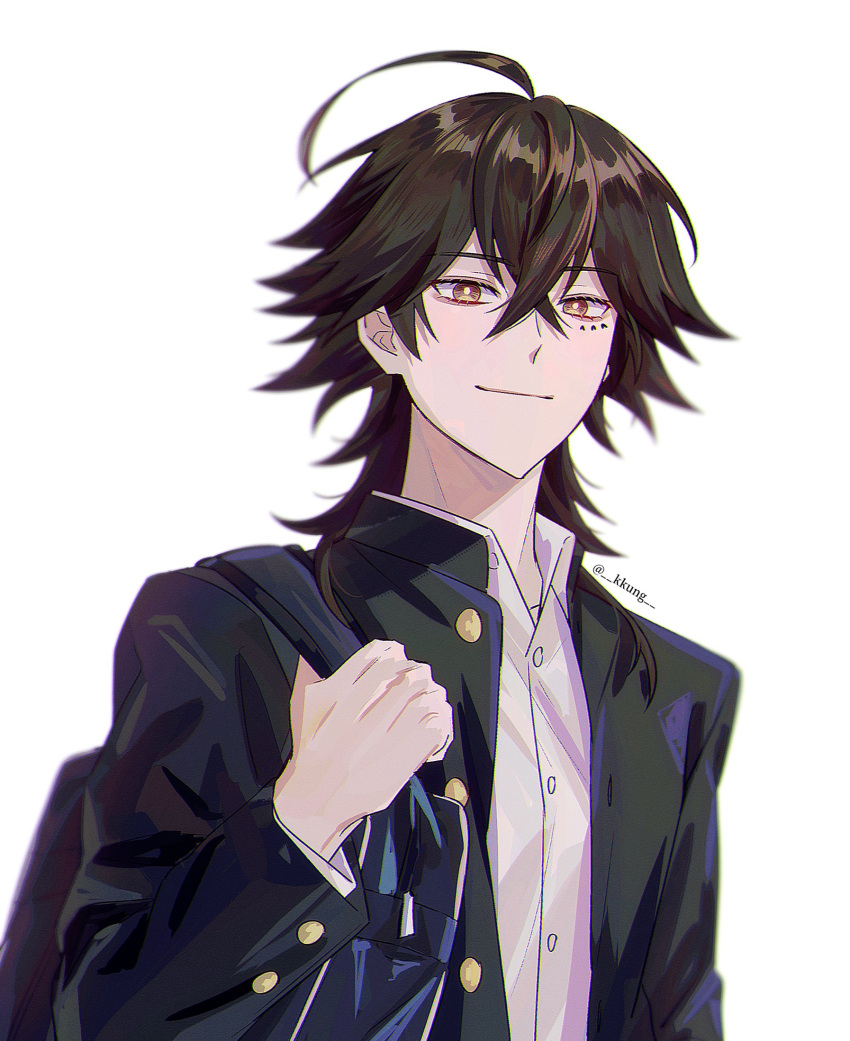 1boy, ahoge, bag, black_hair, black_jacket, brown_eyes, bungou_stray_dogs, buttons