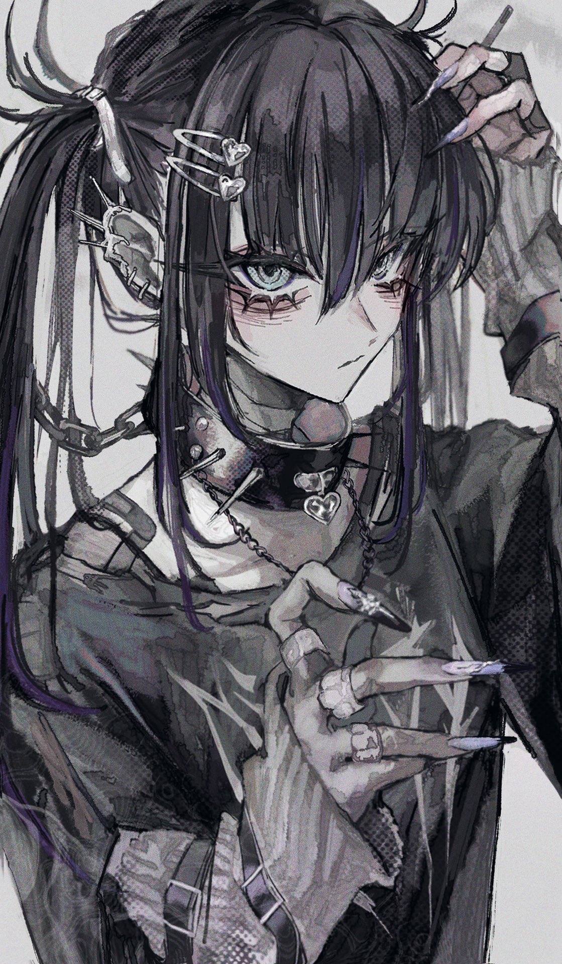1girl, bags_under_eyes, black_choker, black_hair, choker, hair_ornament, hairpin, hand_on_own_head