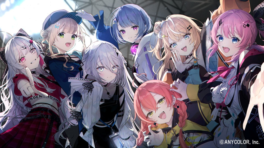 6+girls, blue_hair, braid, closed_mouth, cowboy_shot, earrings, fffafa_daifuku, green_eyes