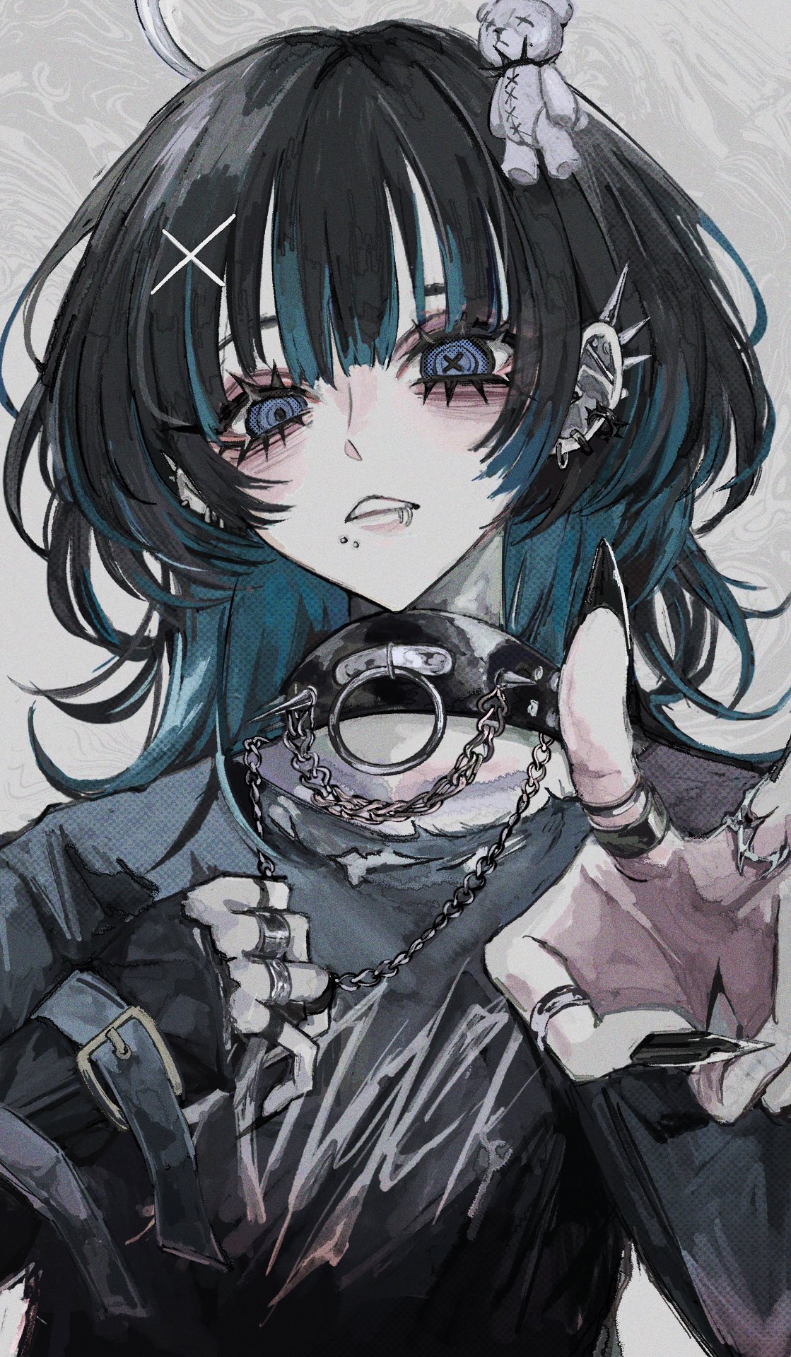 1girl, aqua_hair, bags_under_eyes, black_choker, black_hair, blue_eyes, choker, highres