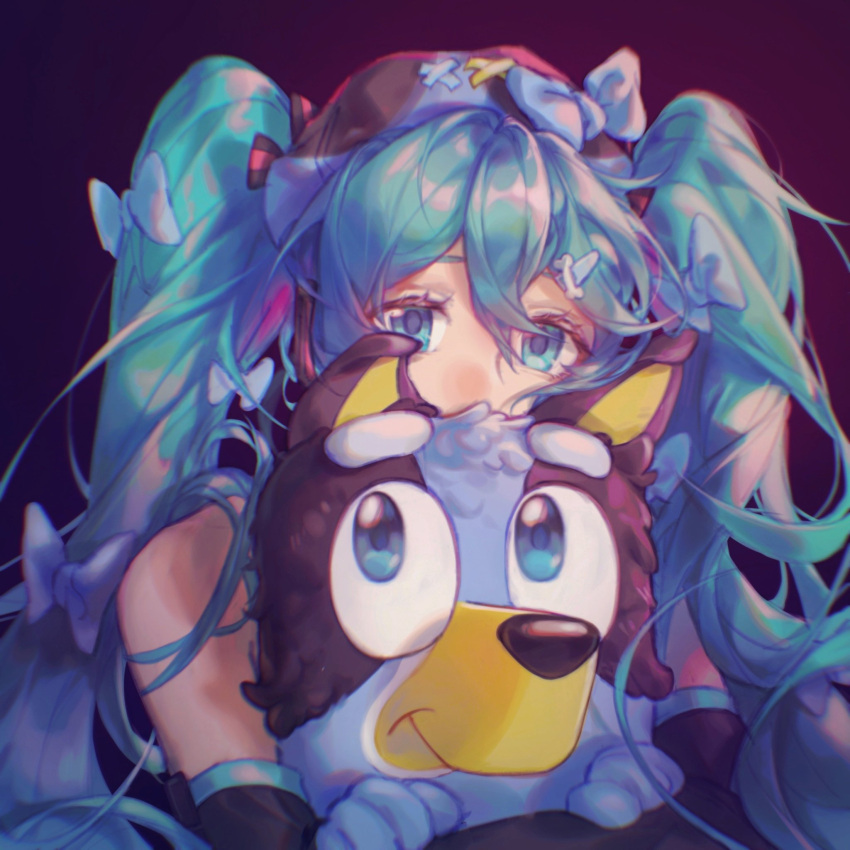 2girls, aqua_eyes, aqua_hair, bluey, bluey_heeler, crossover, detached_sleeves, dog_girl, furry, furry_female, hatsune_miku, highres, long_hair, looking_at_another, looking_at_viewer, mrgx1019, multiple_girls, necktie, open_mouth, shirt, simple_background, smile, thigh-highs, twintails, very_long_hair, vocaloid