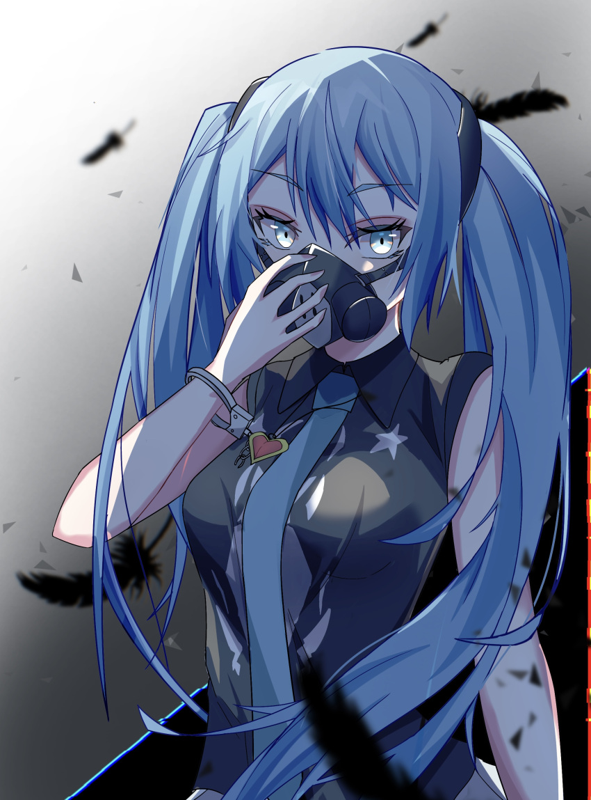 1girl, absurdres, anzusouda, bare_shoulders, black_shirt, blue_eyes, blue_hair, hair_between_eyes