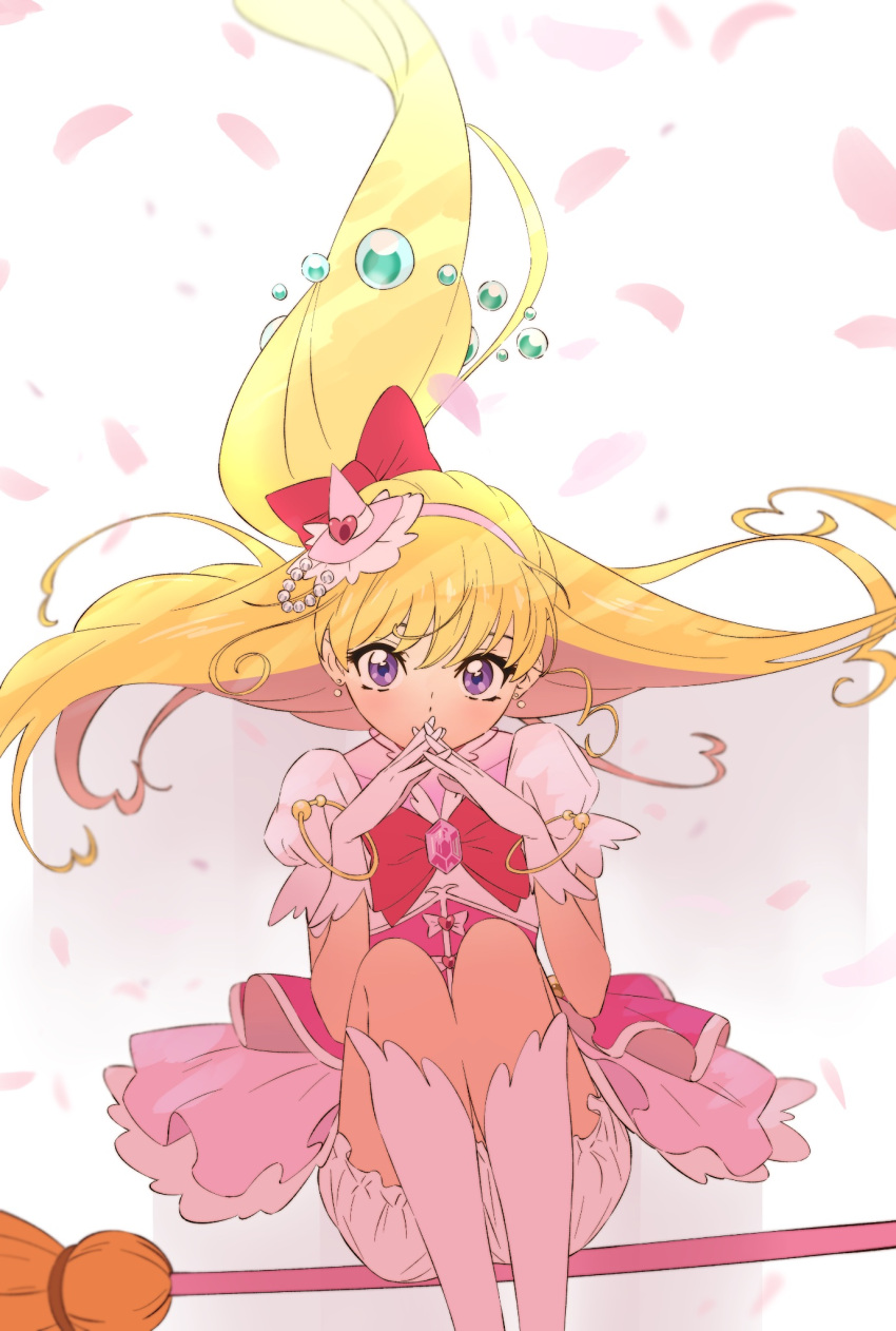 1girl, asahina_mirai, blonde_hair, bow, broom, broom_riding, commentary_request, cure_miracle