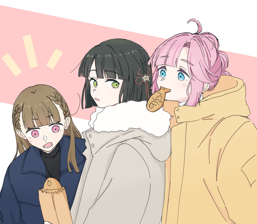 3girls, ahoge, anyoji_hime, bag, black_hair, black_sweater, blue_coat, blue_eyes