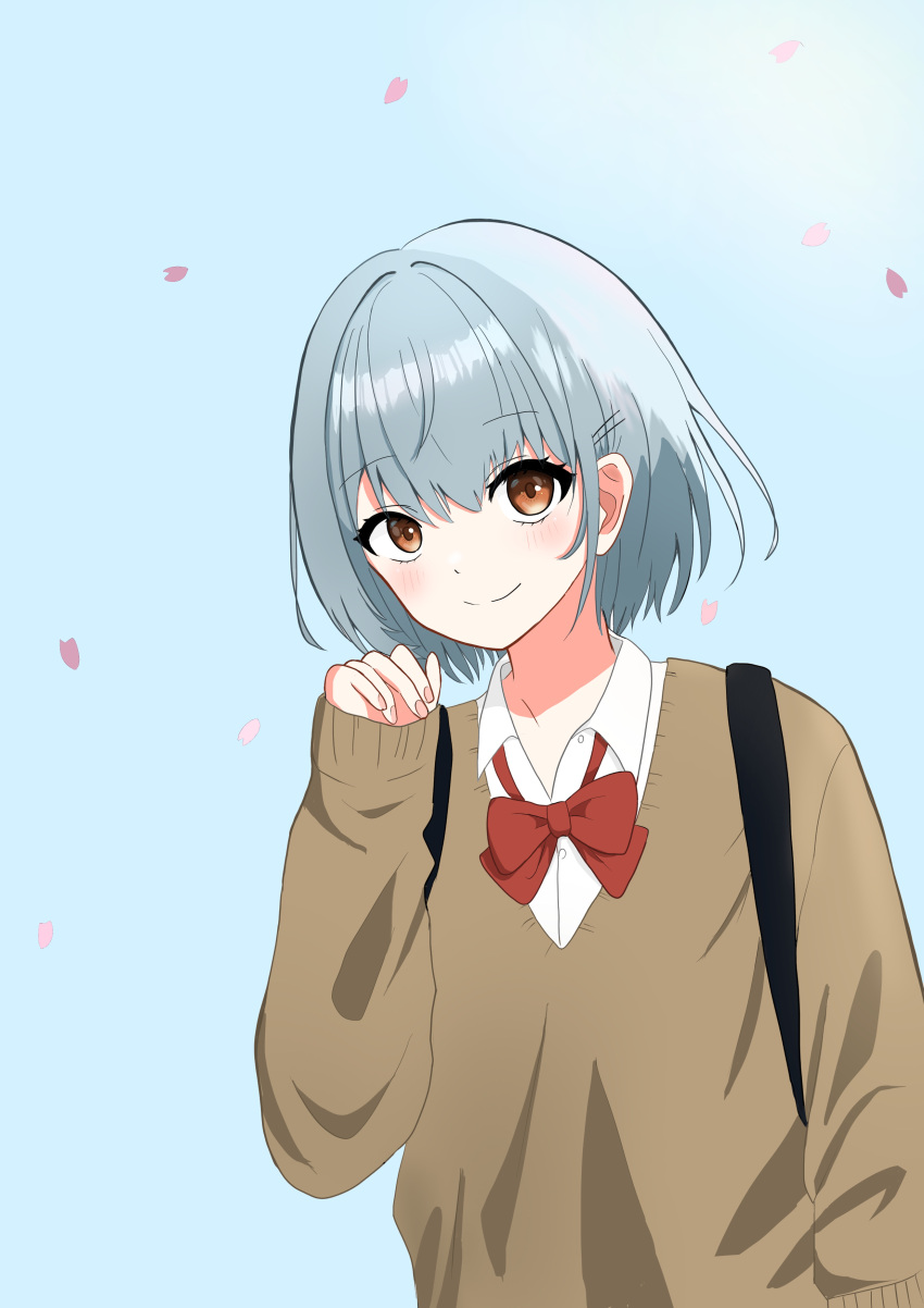 1girl, absurdres, black_bag, blue_background, blue_hair, blush, bob_cut, brown_eyes