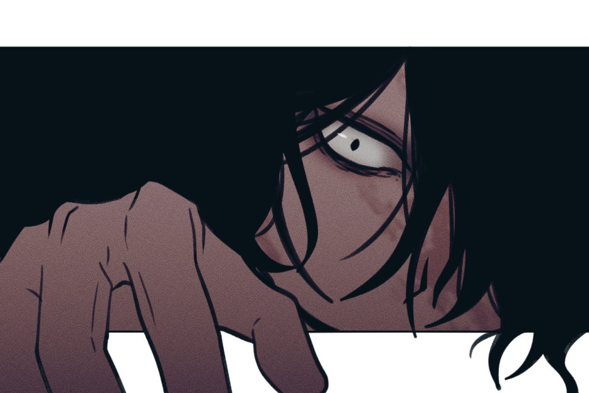 1boy, black_eyes, black_hair, commentary_request, fa_mayo, hair_over_one_eye, homicipher, korean_commentary