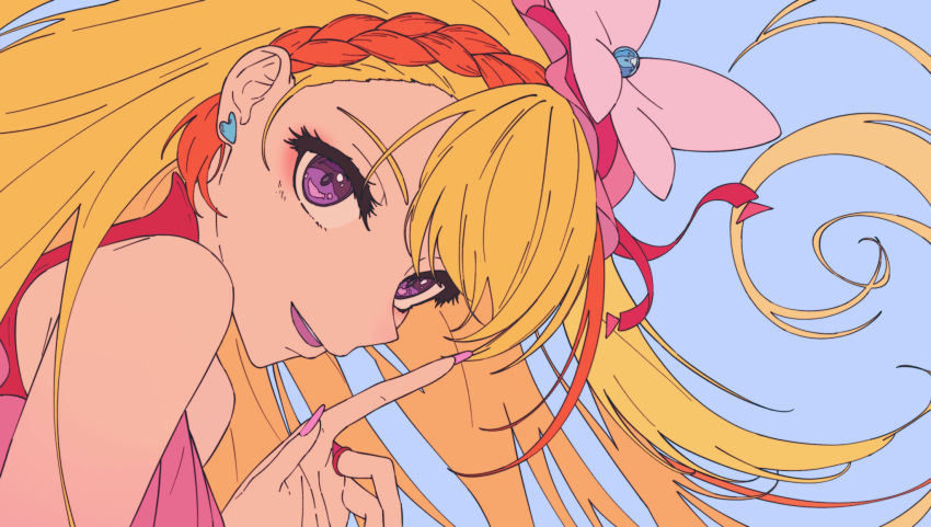 1girl, bare_shoulders, blonde_hair, blue_background, braid, commentary_request, cure_butterfly, earrings