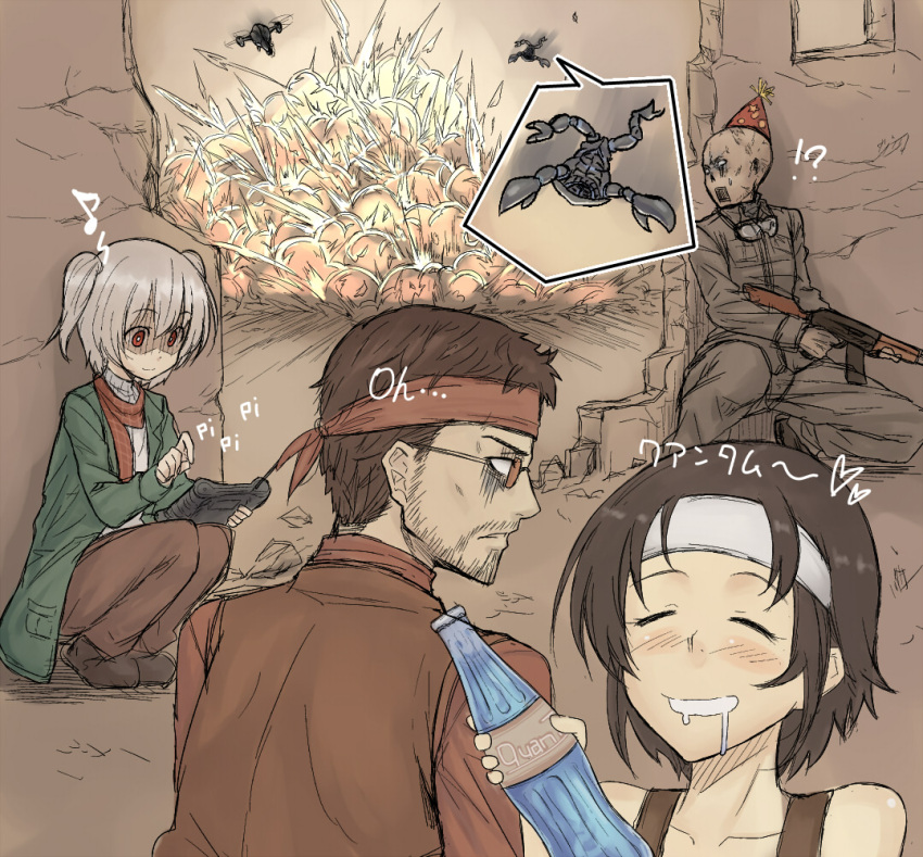 3boys, 3girls, 3others, assault_rifle, bandana, bare_shoulders, blush, bottle, character_request, drooling, explosion, fallout, fallout_3, gallo, ghoul, glasses, goggles, gun, hat, hiroya_juuren, long_hair, mirelurk, nuka_cola, nuka_cola_quantum, party_hat, red_eyes, rifle, shaded_face, short_hair, sunglasses, touhou, translation_request, typing, vertibird, weapon