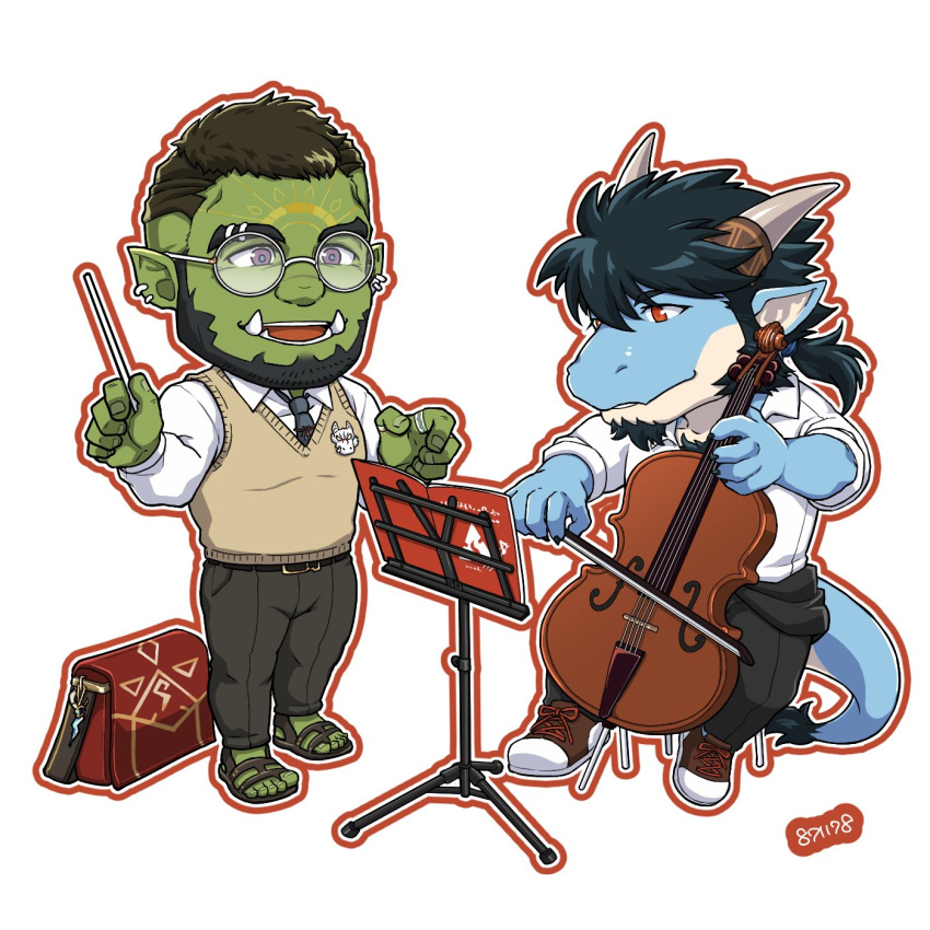 2boys, another_eidos-r, baran_(another_eidos), bow_(music), cello, chibi, closed_mouth, commentary_request