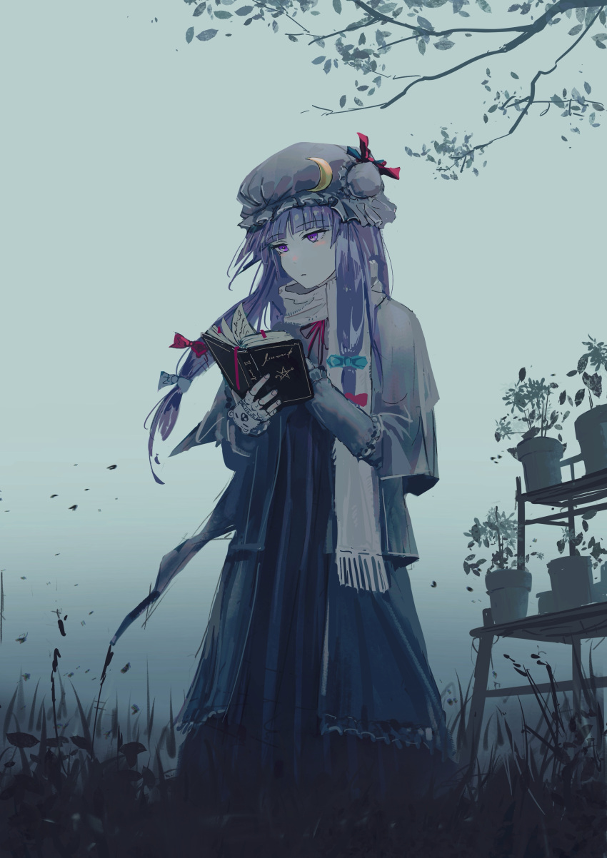 1girl, absurdres, adapted_costume, blue_bow, blue_ribbon, book, bookmark, bow