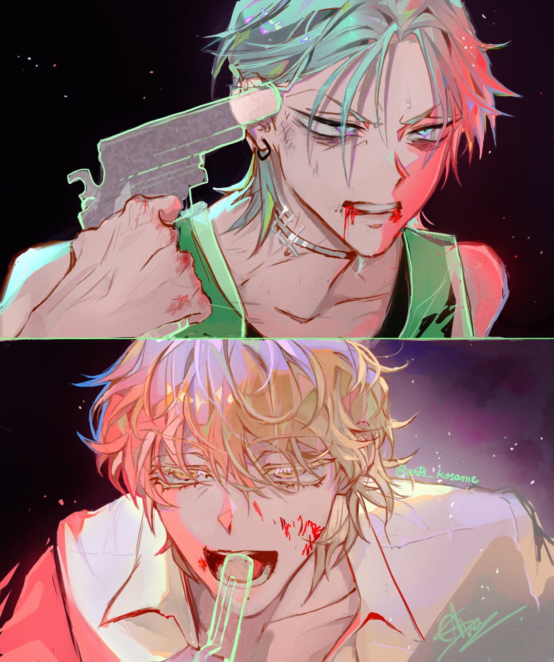 2boys, alien_stage, aqua_eyes, artist_name, arts_kosame, blonde_hair, blood, blood_from_mouth