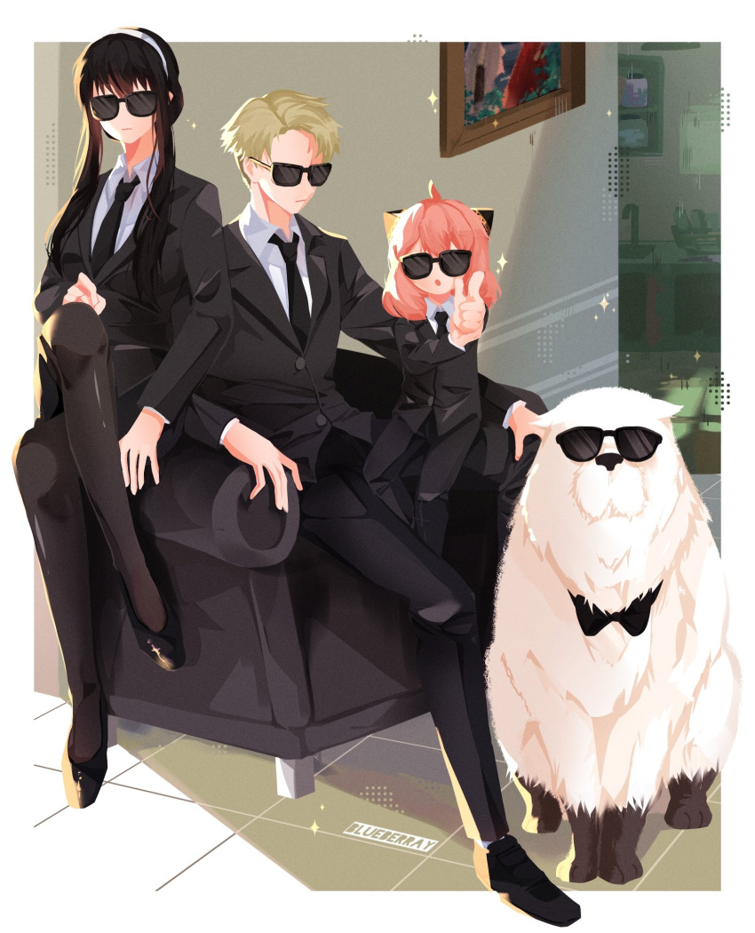 1boy, 2girls, animal, anya_(spy_x_family), artist_name, black_footwear, black_hair, black_pants