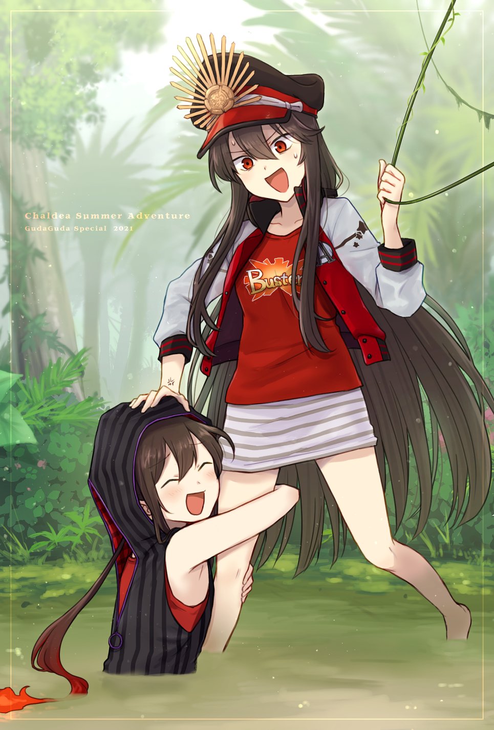 1boy, 1girl, :d, anger_vein, armpits, barefoot, black_hat, blurry