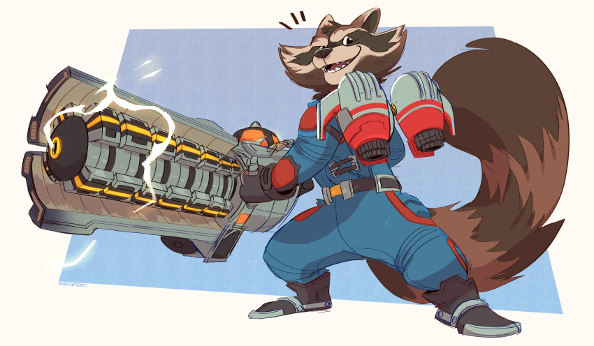 1boy, absurdres, animal_ears, bennycartoonist, brown_eyes, english_commentary, fangs, furry, furry_male, guardians_of_the_galaxy, guardians_of_the_galaxy_vol._3, gun, highres, holding, holding_gun, holding_weapon, jetpack, looking_at_viewer, male_focus, marvel, marvel_rivals, notice_lines, open_mouth, raccoon_boy, raccoon_ears, raccoon_tail, rocket_raccoon, smile, tail, weapon