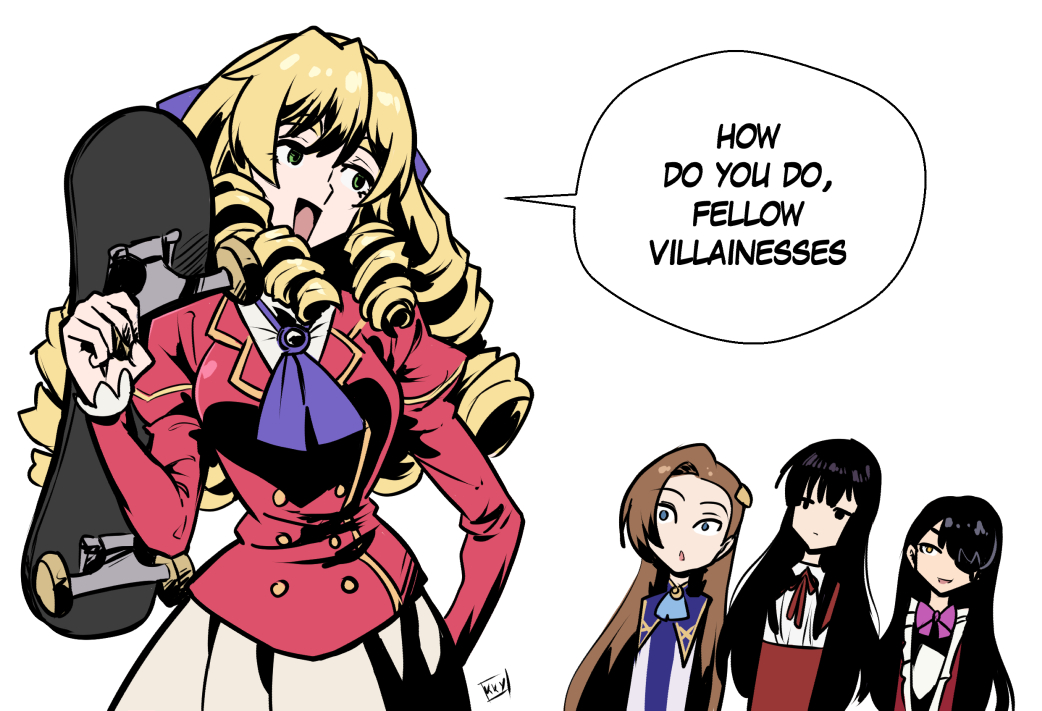 30_rock, 4girls, akuyaku_reijou_tensei_ojisan, ascot, black_hair, blonde_hair, brown_hair, character_request