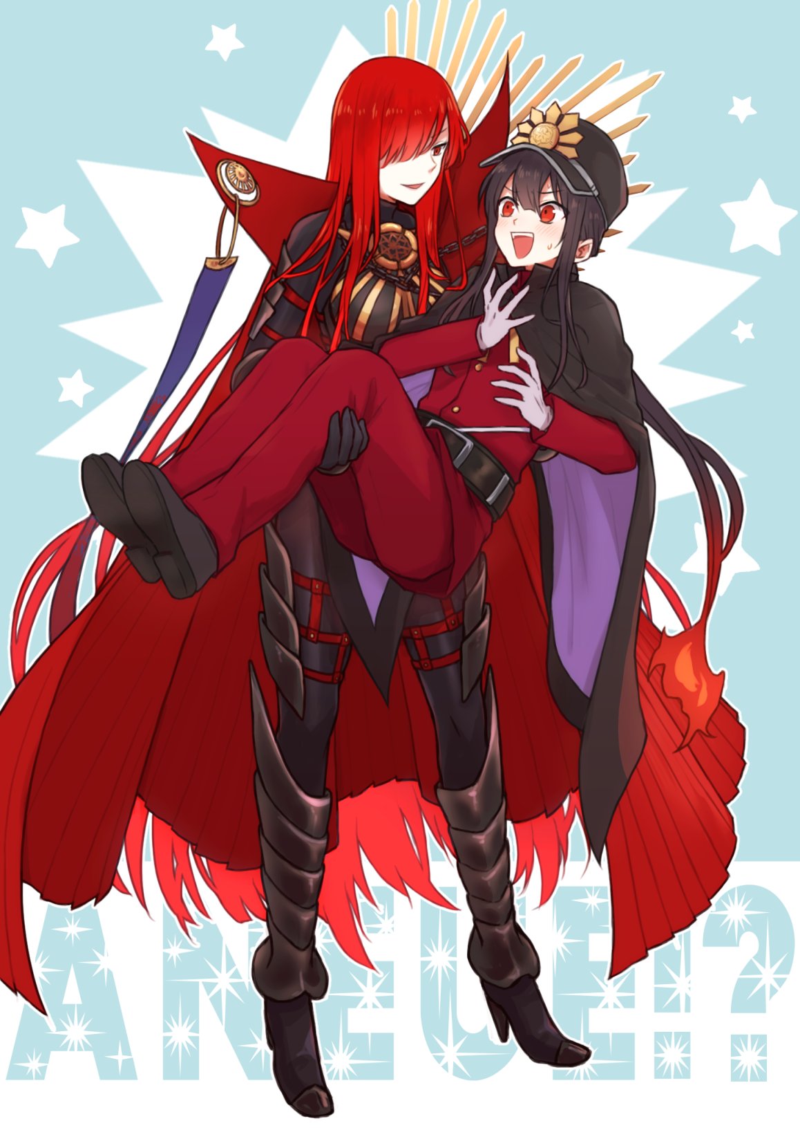 1boy, 1girl, :d, armored_boots, belt, black_belt, black_bodysuit, black_cape