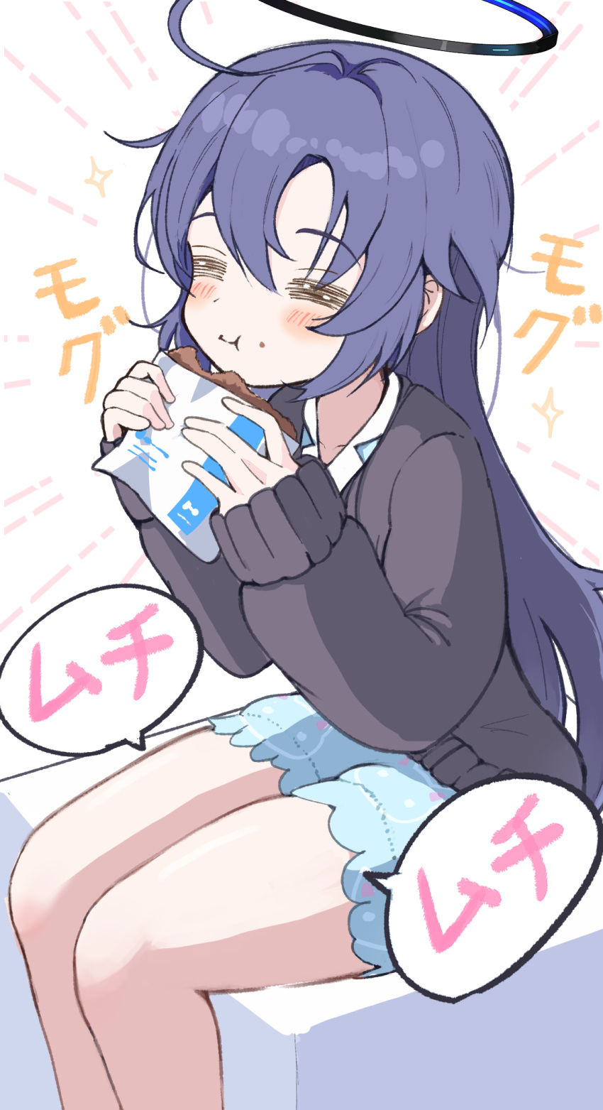 1girl, :t, ^_^, black_halo, black_sweater, blue_archive, blush, closed_eyes