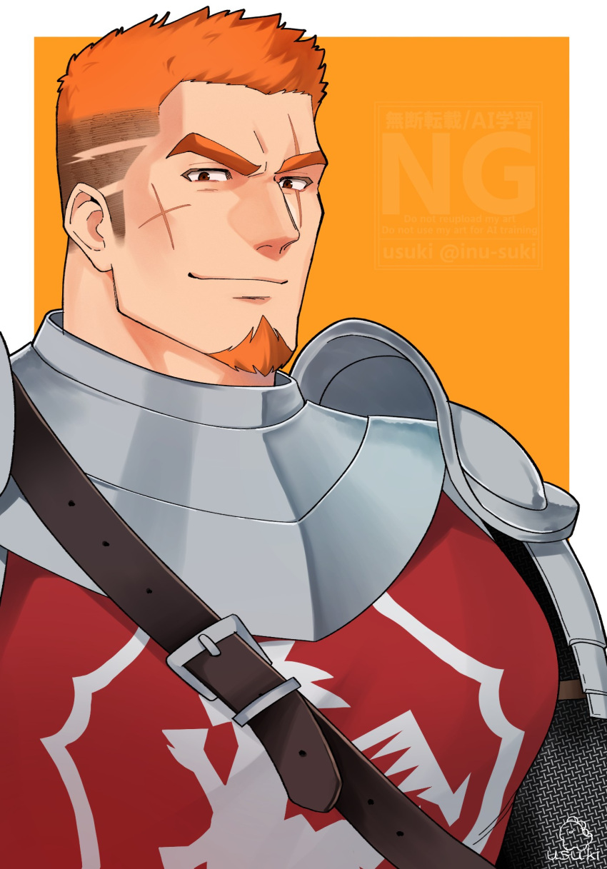 armor, border, closed_mouth, commentary_request, crave_saga, cross_scar, facial_hair, garon_(crave_saga), goatee, highres, looking_at_viewer, orange_background, orange_hair, scar, scar_across_eye, scar_on_cheek, scar_on_face, smile, usuki_(usukine1go), watermark, white_border