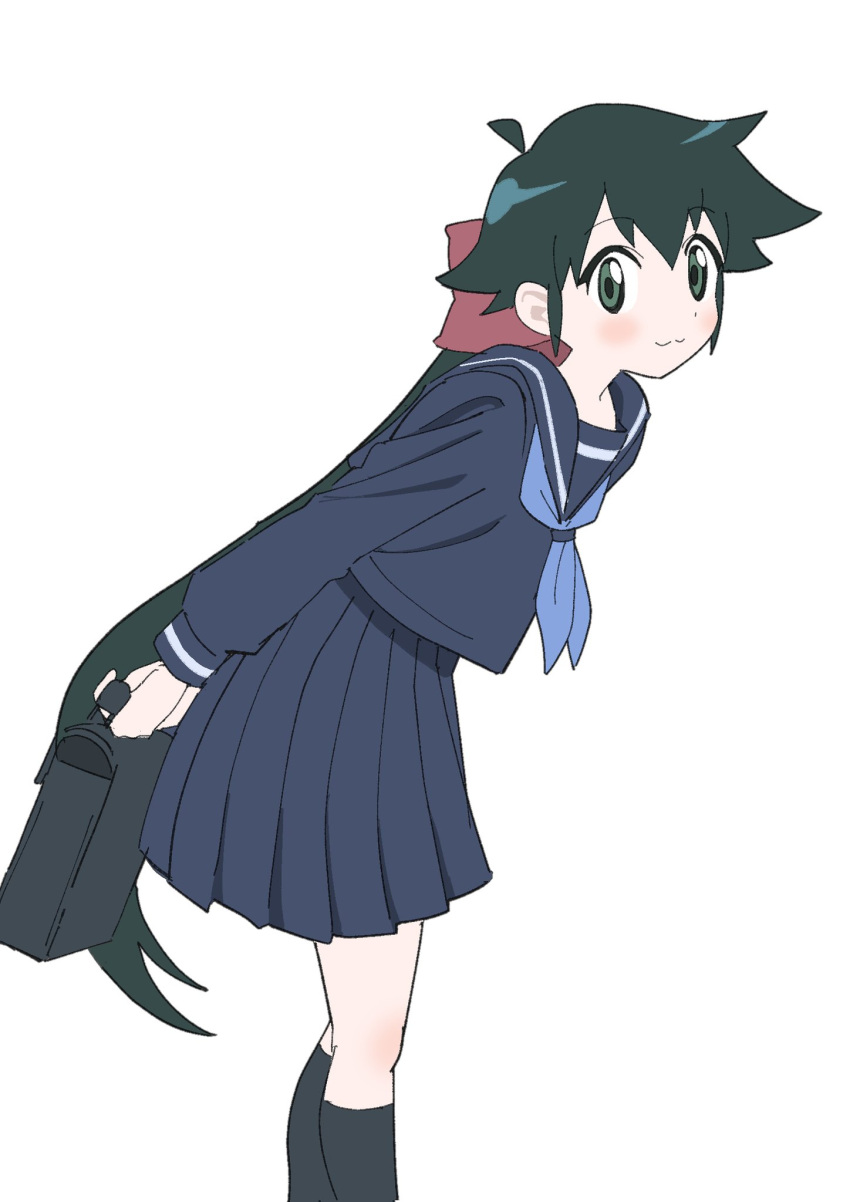 1girl, :3, ahoge, arms_behind_back, azumaya_koyuki, bag, black_bag, black_hair