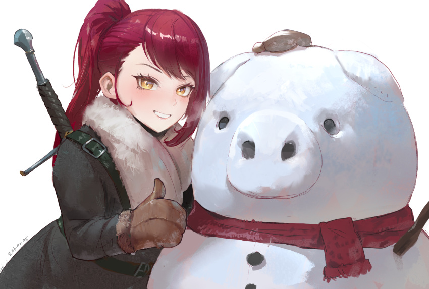 1girl, asymmetrical_bangs, black_coat, blush, breath, brown_gloves, castle_knight_charlotte, coat, cold, gloves, grin, hand_on_another's_head, highres, long_hair, ohaaang, pig, ponytail, red_scarf, scarf, smile, snowman, swept_bangs, sword, sword_on_back, thumbs_up, virtual_youtuber, waktaverse, weapon, weapon_on_back, white_scarf