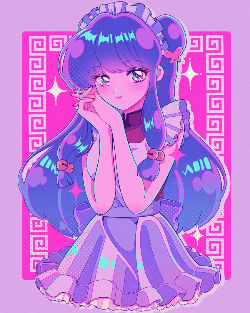 1girl, apron, bell, chinese_clothes, double_bun, hair_bell, hair_bun, hair_ornament
