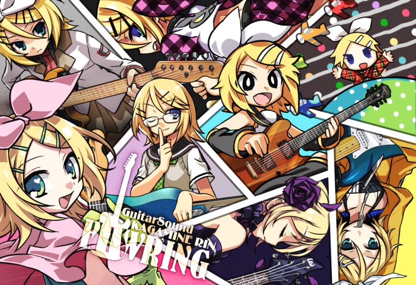 angry, aqua_eyes, black_eyes, blonde_hair, blue_eyes, chibi, closed_eyes, female, flower, fork, glasses, green_eyes, guitar, happy, kagamine_rin, mylist_dame!_(vocaloid), negi_(ulogbe), ribbon, seifuku, serafuku, short_hair, skirt, sleeping, smile, solo, uniform, vocaloid, wink