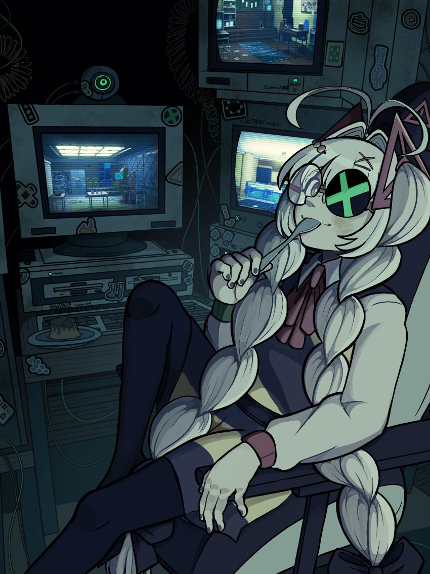 1boy, absurdres, antenna_hair, black_pantyhose, braid, brown_eyes, cautionne, crossdressing, food, glasses, hair_intakes, hair_ornament, hairclip, highres, holding, holding_spoon, leg_up, long_hair, looking_at_viewer, madocactus, male_focus, malviolence, monitor, official_art, otoko_no_ko, pantyhose, pudding, purple_nails, round_eyewear, sitting, smile, solo, spoon, twin_braids, utensil_in_mouth, white_hair