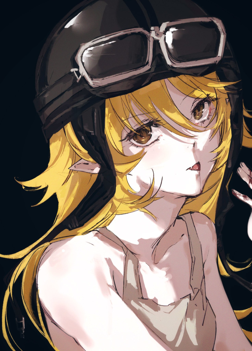 1girl, bakemonogatari, bare_shoulders, black_background, blonde_hair, blood, blood_on_hands, dress