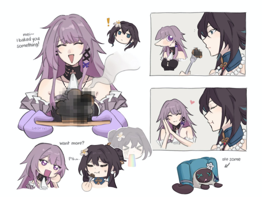 !, >_<, 2girls, bad_food, bare_shoulders, blur_censor, brown_hair, burnt_food