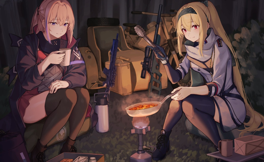 2girls, 3_small_spiders, blonde_hair, closed_mouth, cooking, cup, fire, full_body