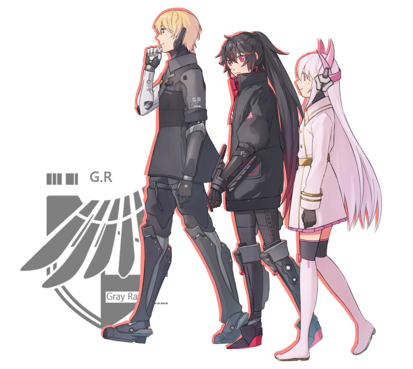 1boy, 2girls, black_bodysuit, black_hair, black_jacket, blonde_hair, blue_eyes, bodysuit