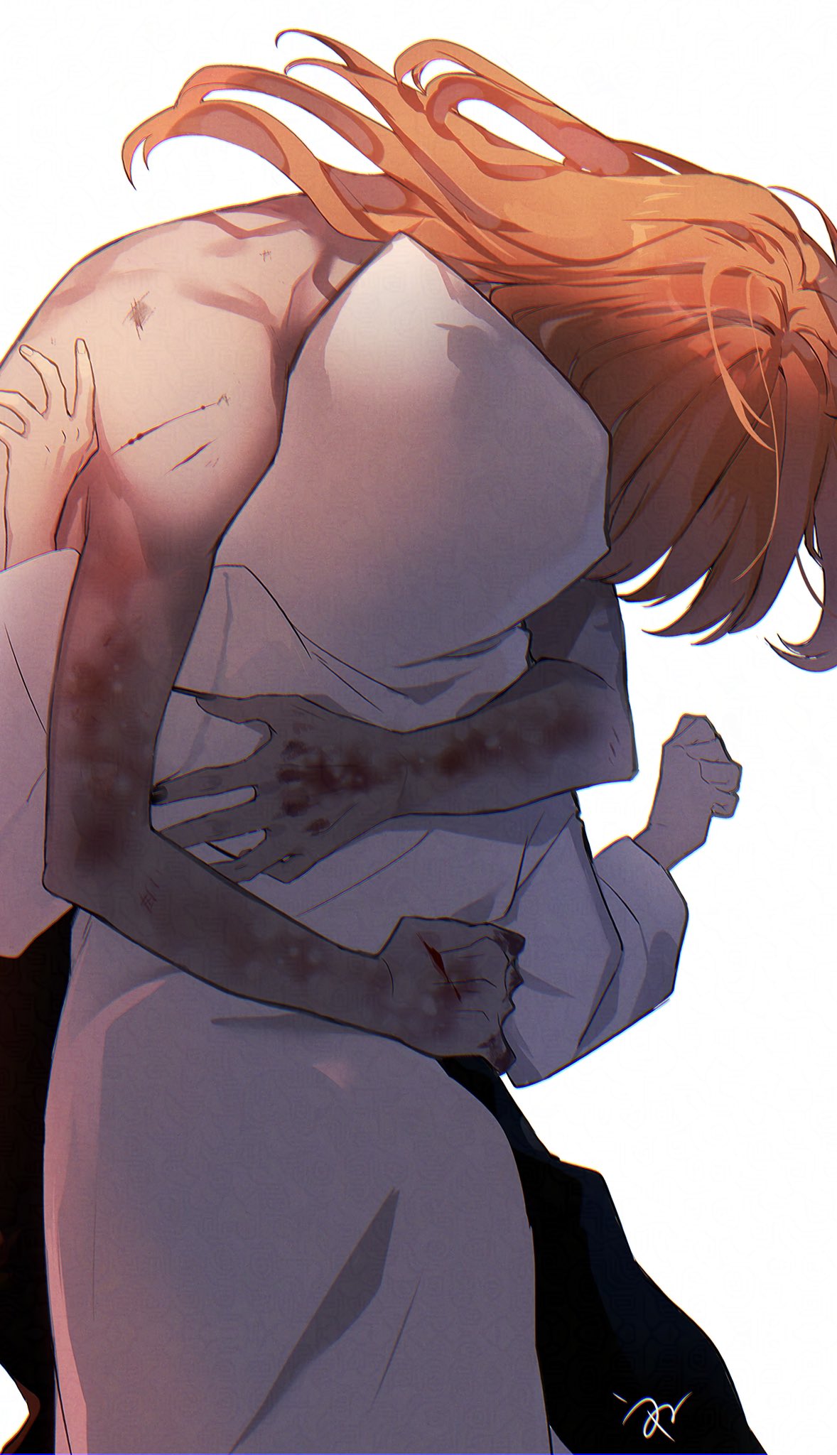 1boy, 1girl, commentary_request, cowboy_shot, fingernails, heroine_(homicipher), highres, homicipher, hood, hood_up, hug, long_hair, mr._chopped, orange_hair, raincoat, sharp_fingernails, simple_background, topless_male, unu_09, white_background