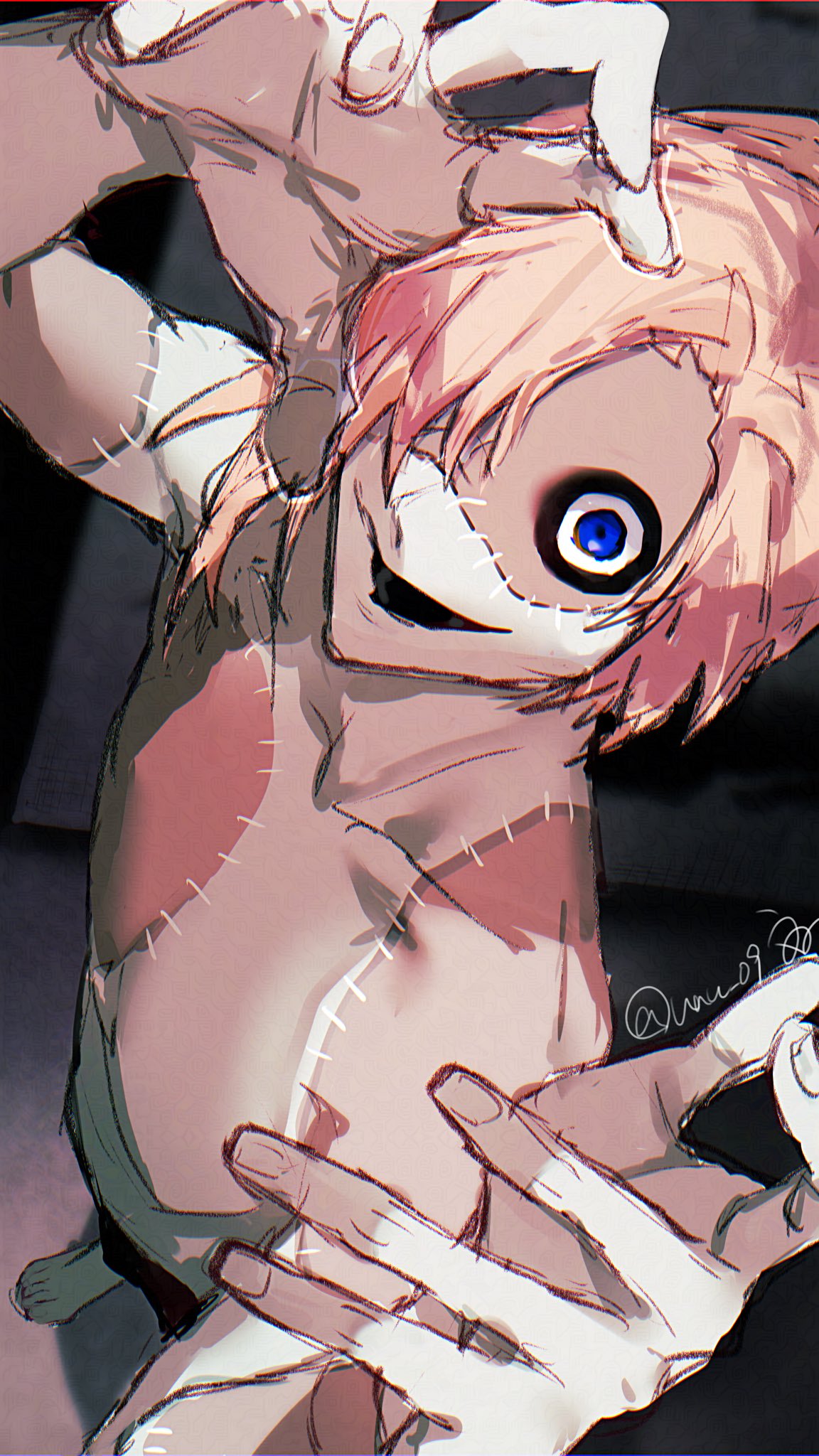 1boy, blue_eyes, claw_pose, foreshortening, from_above, hair_over_one_eye, highres, homicipher, male_focus, mr._stitch, pink_hair, short_hair, solo, standing, stitches, unu_09