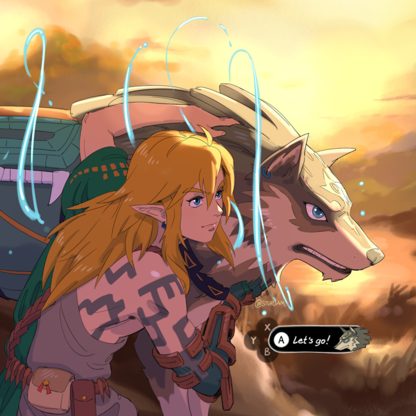 2boys, artist_name, blonde_hair, blue_eyes, body_marking, button_prompt, clenched_teeth, closed_mouth