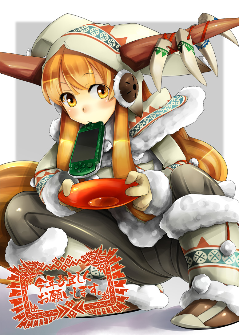 blonde_hair, fur_trim, gloves, horns, ibuki_suika, monster_hunter, monster_hunter_portable_3rd, mouth_hold
