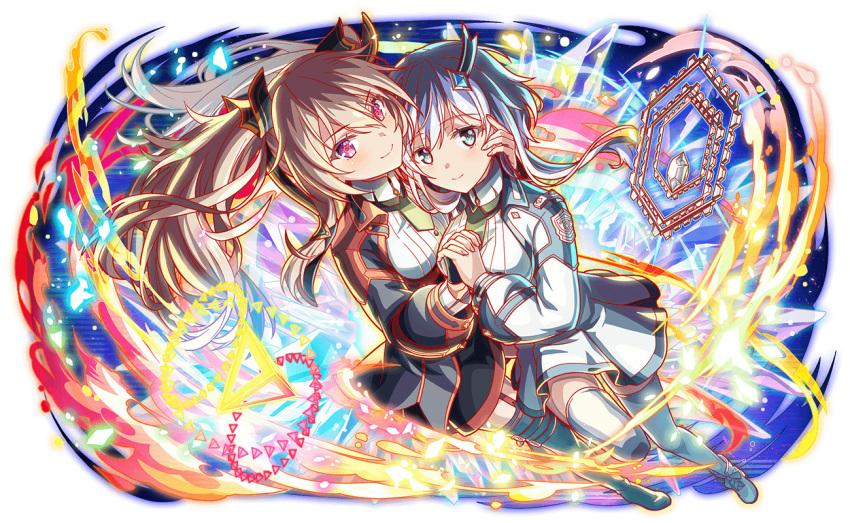2girls, blonde_hair, blue_eyes, breasts, crash_fever, demon_king_academy_uniform, hair_between_eyes, hexagon, holding_hands, long_sleeves, magic_circle, maou_gakuin_no_futekigousha, medium_breasts, misha_necron, multiple_girls, official_art, sasha_necron, school_uniform, short_hair, siblings, sisters, smile, tachi-e, third-party_source, transparent_background, twintails, violet_eyes