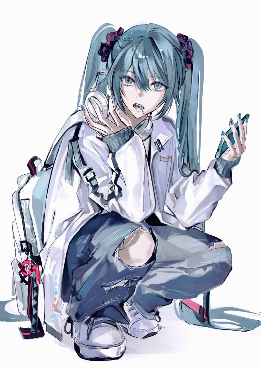 1girl, a197nri79he10ls, backpack, bag, blue_eyes, blue_hair, blue_nails, candy, cellphone, food, food_in_mouth, full_body, hand_on_headphones, hatsune_miku, headphones, headphones_around_neck, highres, holding, holding_phone, jacket, lollipop, long_hair, long_sleeves, pants, phone, shoes, simple_background, smartphone, sneakers, solo, squatting, torn_clothes, torn_pants, twintails, very_long_hair, vocaloid, white_background, white_bag, white_footwear, white_jacket