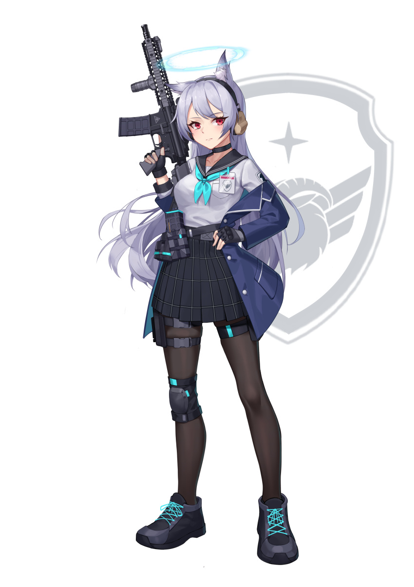 absurdres, ammunition_pouch, animal_ears, assault_rifle, black_pantyhose, blazer, blue_archive, breasts, choker, gloves, grey_hair, gun, headphones, highres, jacket, knee_pads, long_hair, m4_carbine, medium_breasts, original, pantyhose, pleated_skirt, pouch, red_eyes, rifle, sailor, sailor_collar, shoes, skirt, sneakers, super_hellrat, thigh_strap, weapon, white_background, zettai_ryouiki